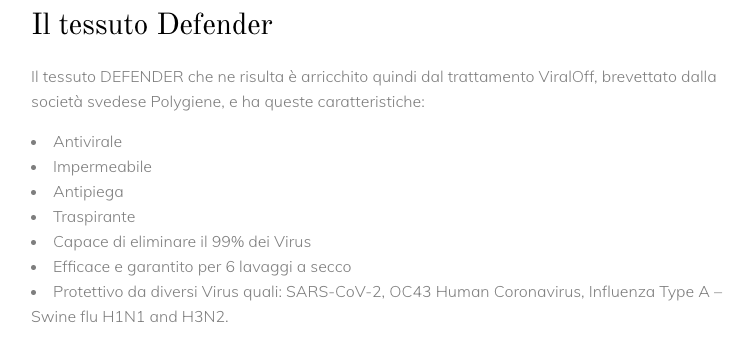 La descrizione del tessuto "Defender" dichiarato "protettivo da diversi virus"